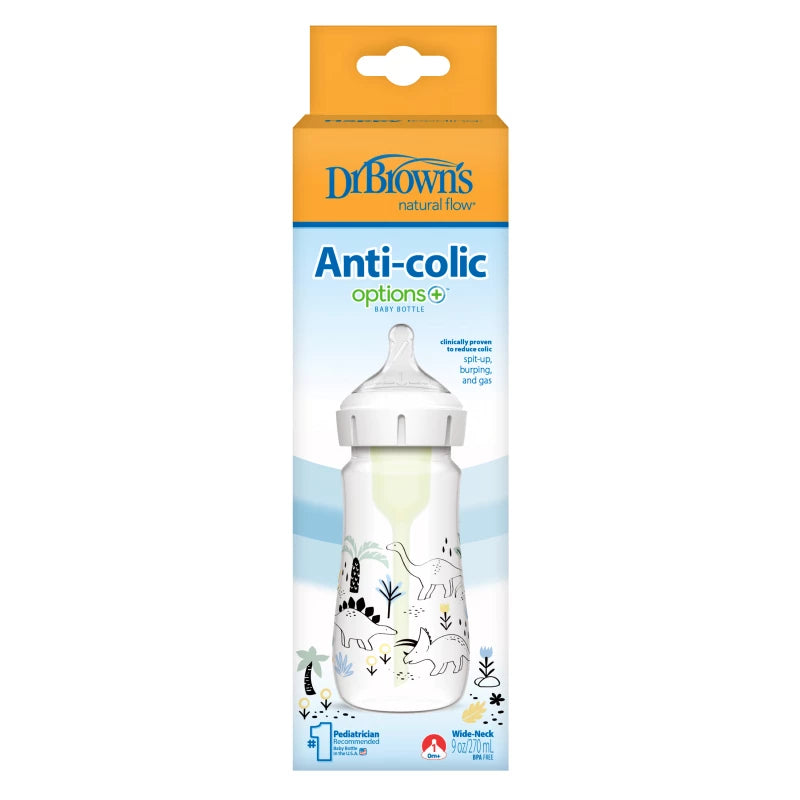 Dr. Brown's 9 oz/270 mL PP W-N Anti-Colic Options+ Designer Bottle, Multi Dinosaurs Design, 1-Pack