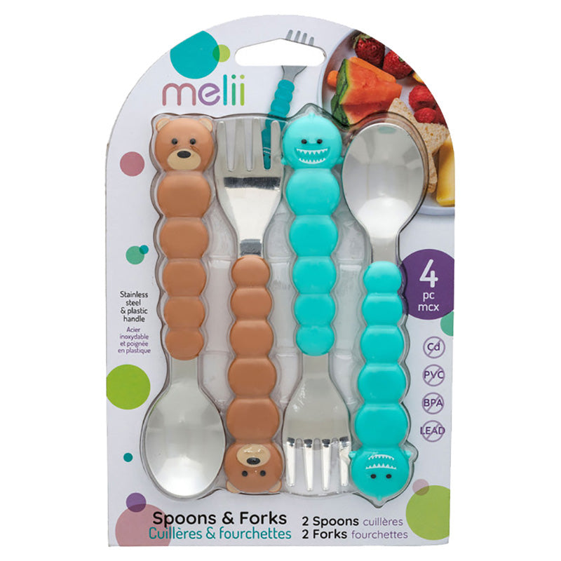 Melii Spoons & Forks Set Brown Bear & Turquoise Shark (4 Pcs)