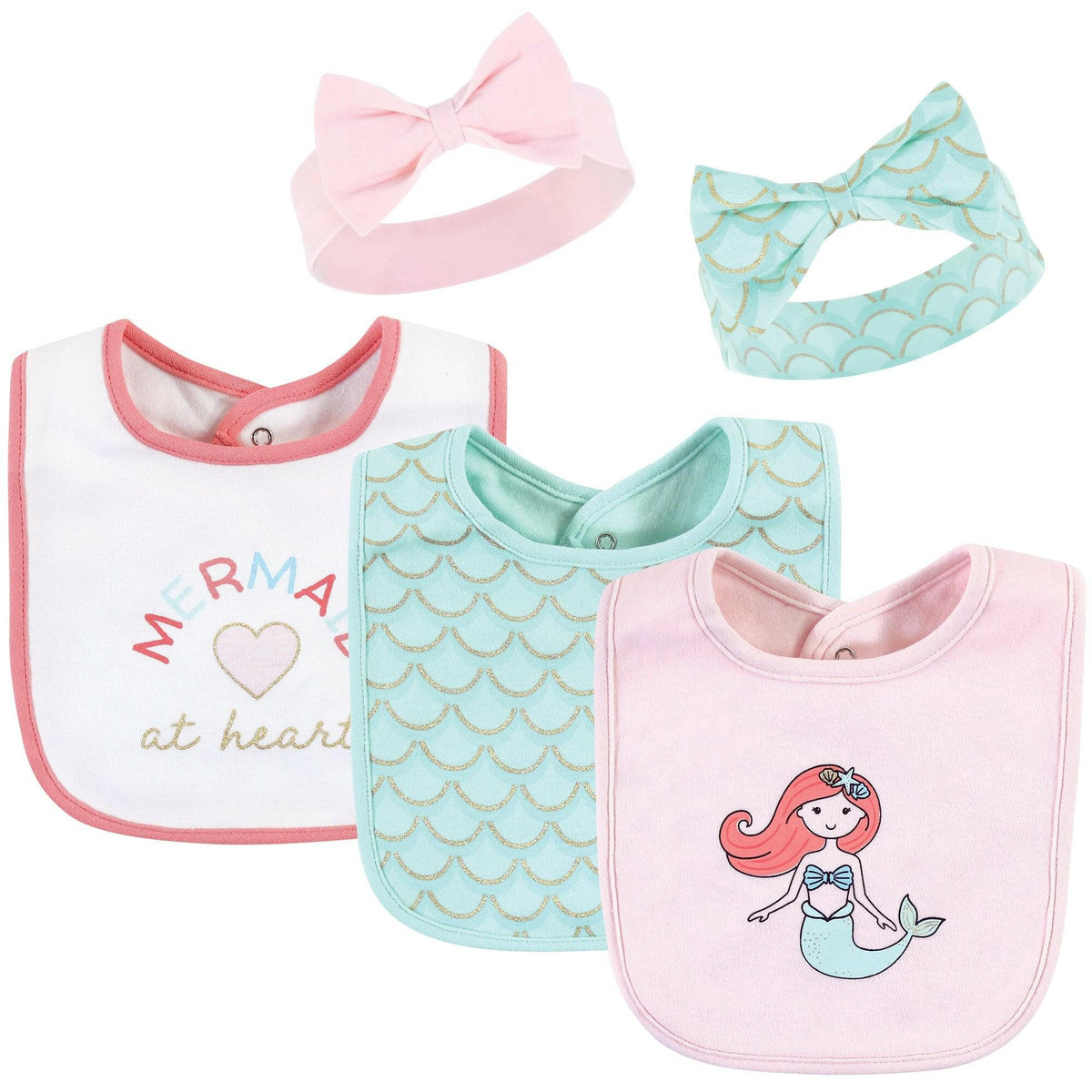 Hudson Baby 5 piece Set Cotton Bib and Headband, Coral Mint Mermaid