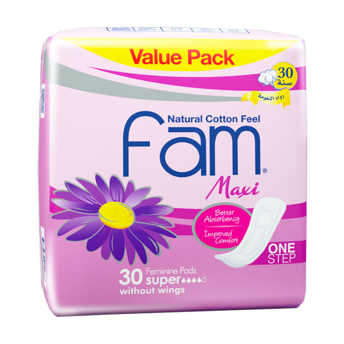 Fam Maxi One Step Natural Cotton Feel Maxi Value Pack, Super Without Wings (30pcs)