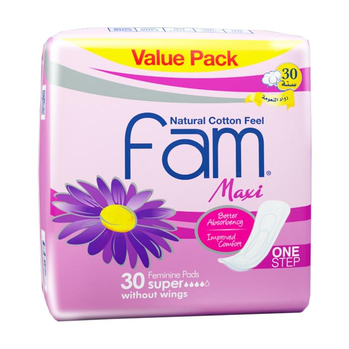 فوط صحية فائقة الامتصاص Fam Maxi One Step Natural Cotton Feel Maxi، بدون أجنحة، عبوة قيمة، 30 قطعة