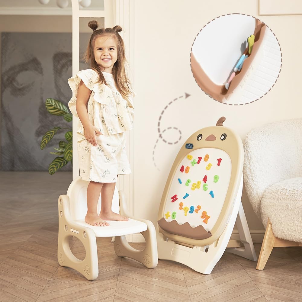 Little Story Drawing Board with Chair, Magnetic Numbers, 5 Color Pen and Sponge Eraser- Ivory