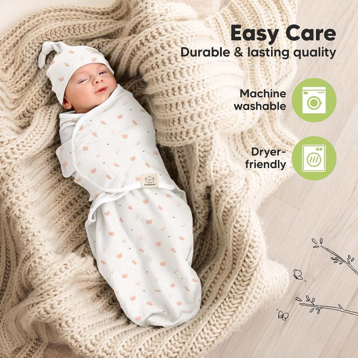 Keababies Soothe Swaddle Wraps with Knot Hats (Butterflies) - Pack of 3