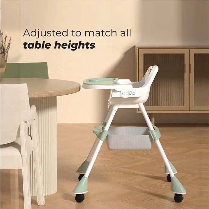 Nurtur High chair, Storage Basket, Lockable Wheels, Detachable Tray (Green)