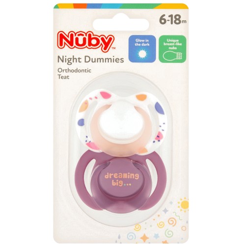 Nuby Nighttime Soothers Glow In the Dark (Pink, 6-18 Months) - Pack of 2