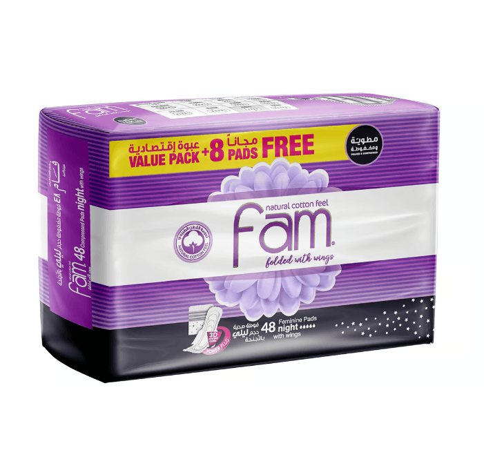 فوط صحية ليلية Fam Natural Cotton Feel مع أجنحة، 48 قطعة