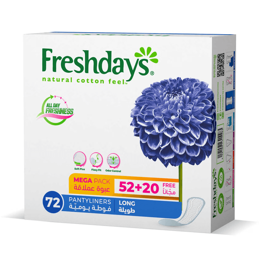 فوط يومية طويلة Freshdays Natural Cotton Feel، 72 قطعة