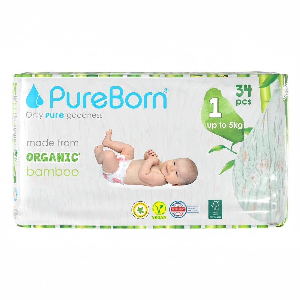 PureBorn Organic Bamboo Nappies (Size 1) 34 Pcs