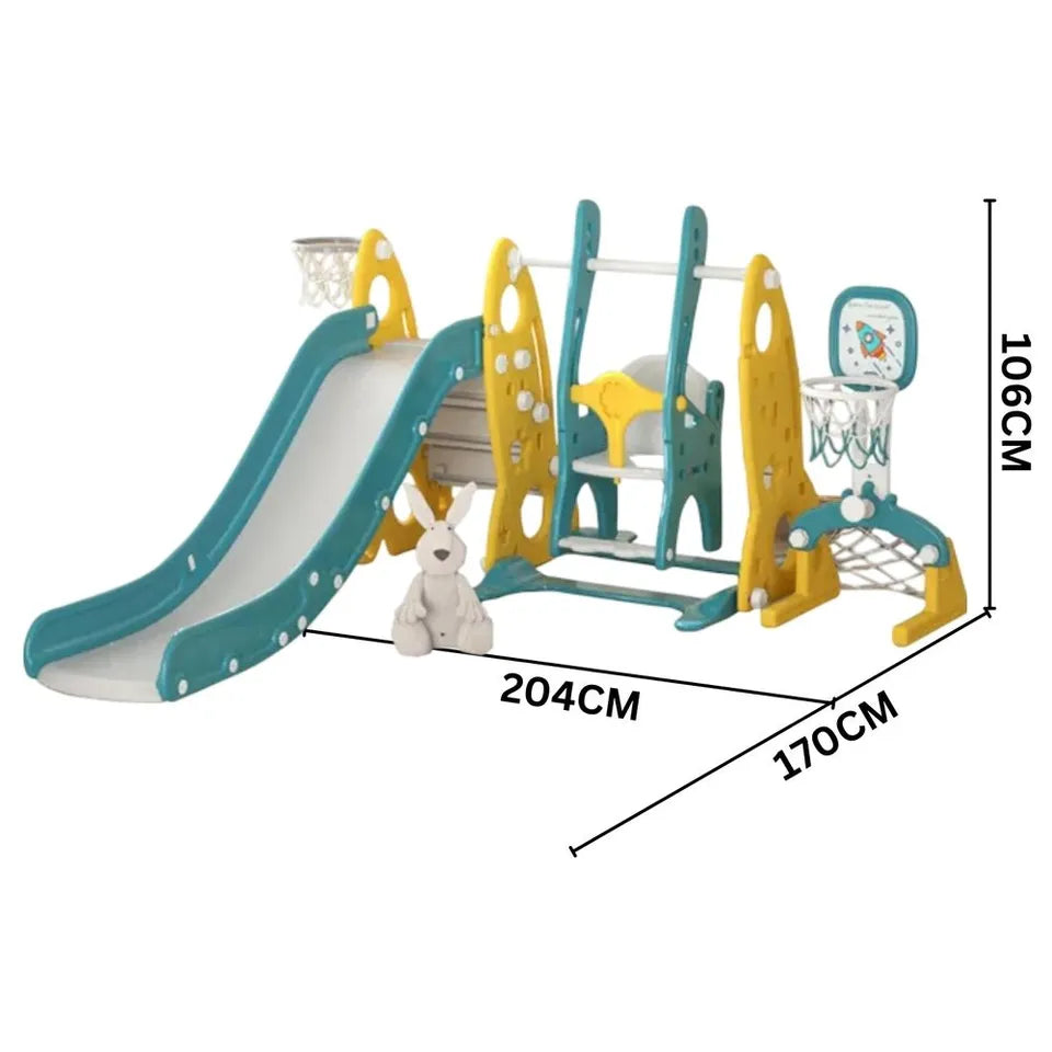 Little Angel Kids Slide, Swing, Basketball & Football 4-in-1 Activity Playset – Green.