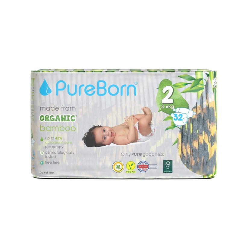 PureBorn Organic Bamboo Nappies, Leopard Pattern, Size 2