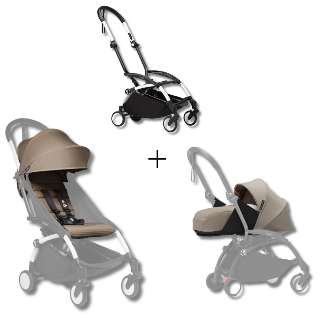 Stokke YOYO3 Frame White + Newborn & 6+ Pack Bundle (Taupe) – Qatar Moms
