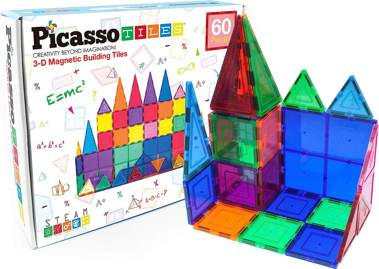 Picasso Tiles 60 Pieces Set Magnet Building Tiles Clear Magnetic 3D Building Blocks Construction Playboards - Creativity beyond Imagination, Inspirational, Recreational, Educational, Conventional.