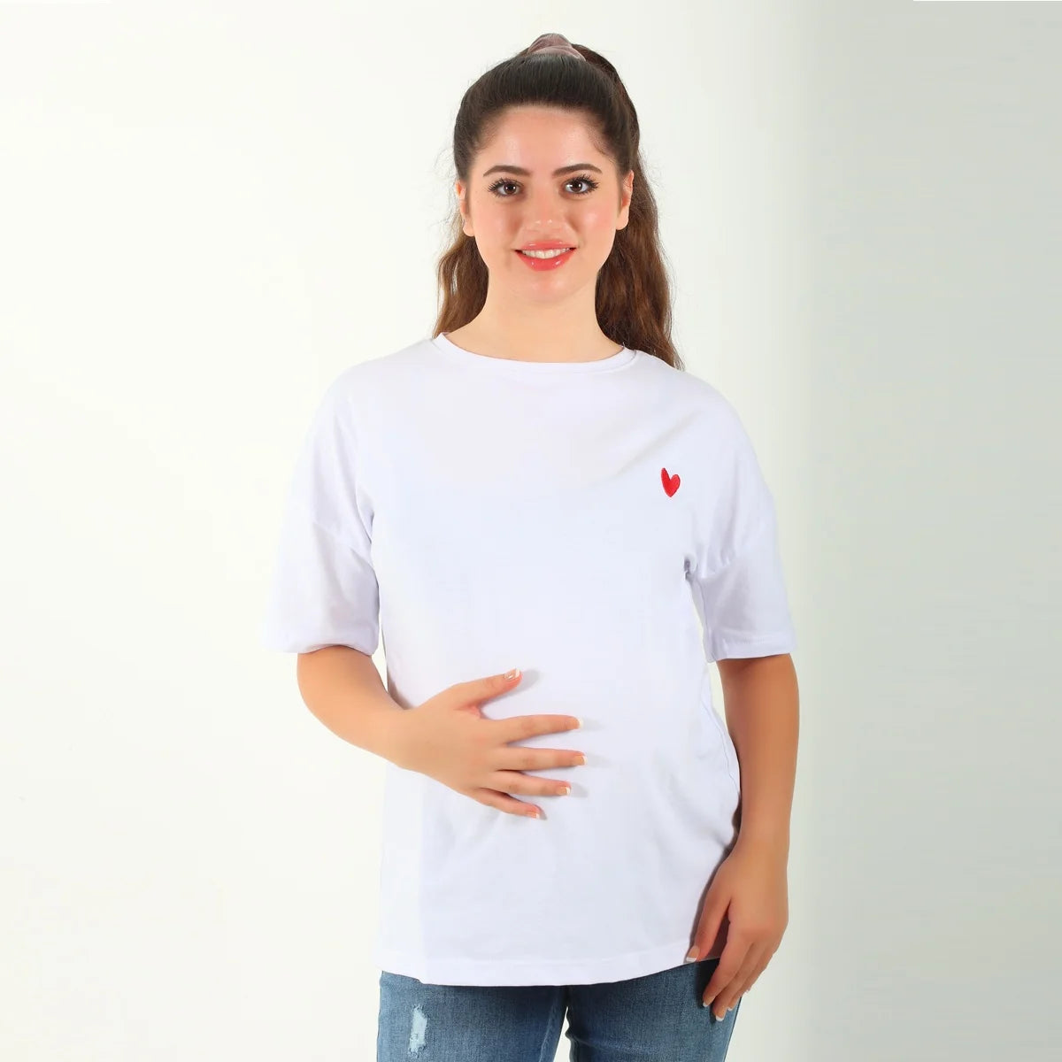 Become a Mom Mama Heart Short Sleeve Tee (White, Small)
