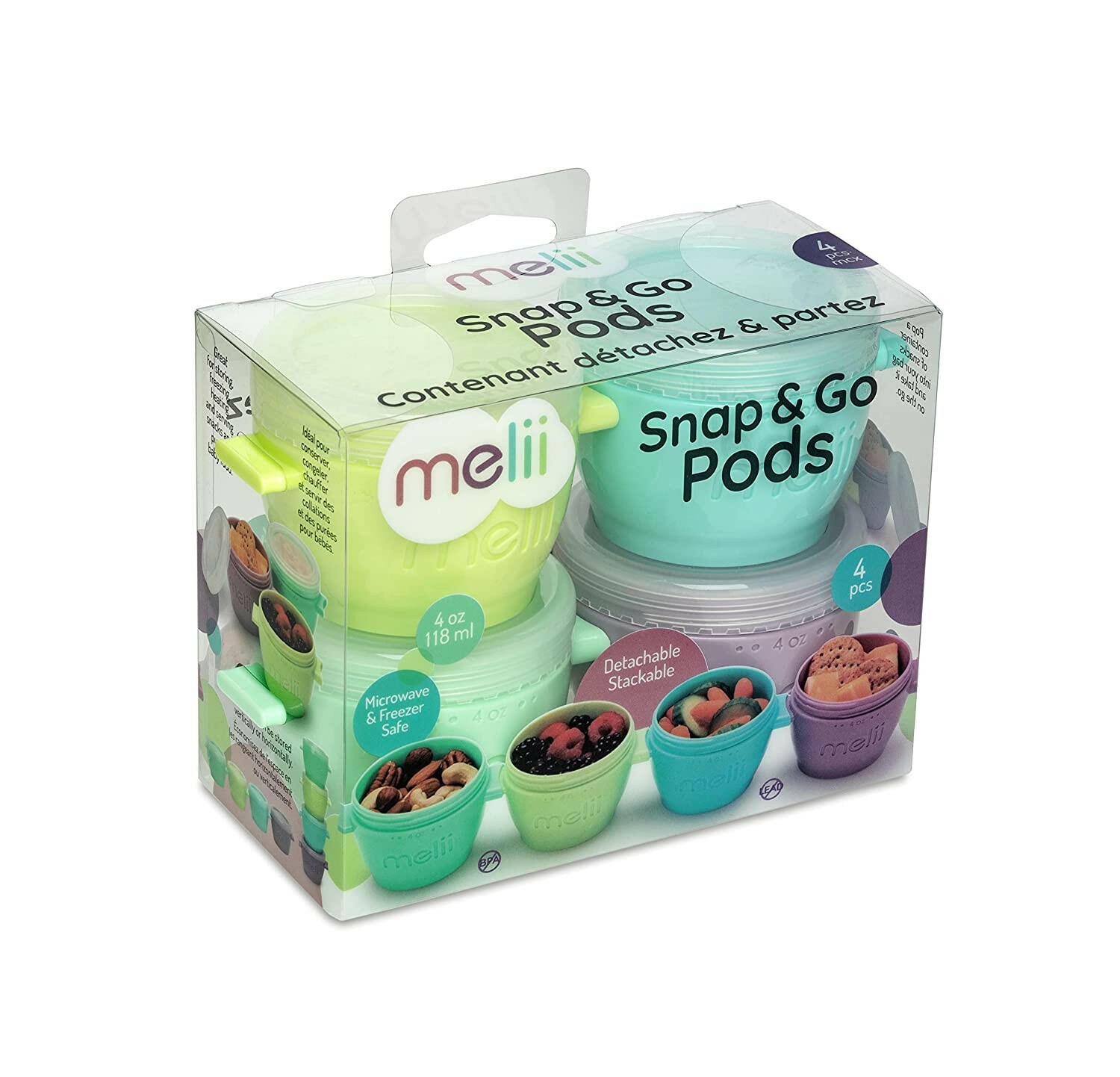 Melii Snap & Go Baby Food Storage Containers with lids, Snack Containers, Freezer safe - Set of 4, 4oz.