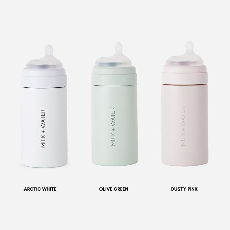 Milk + Water All In One Baby Bottle Stainless Steel (9oz, Olive Green, Medium Flow)