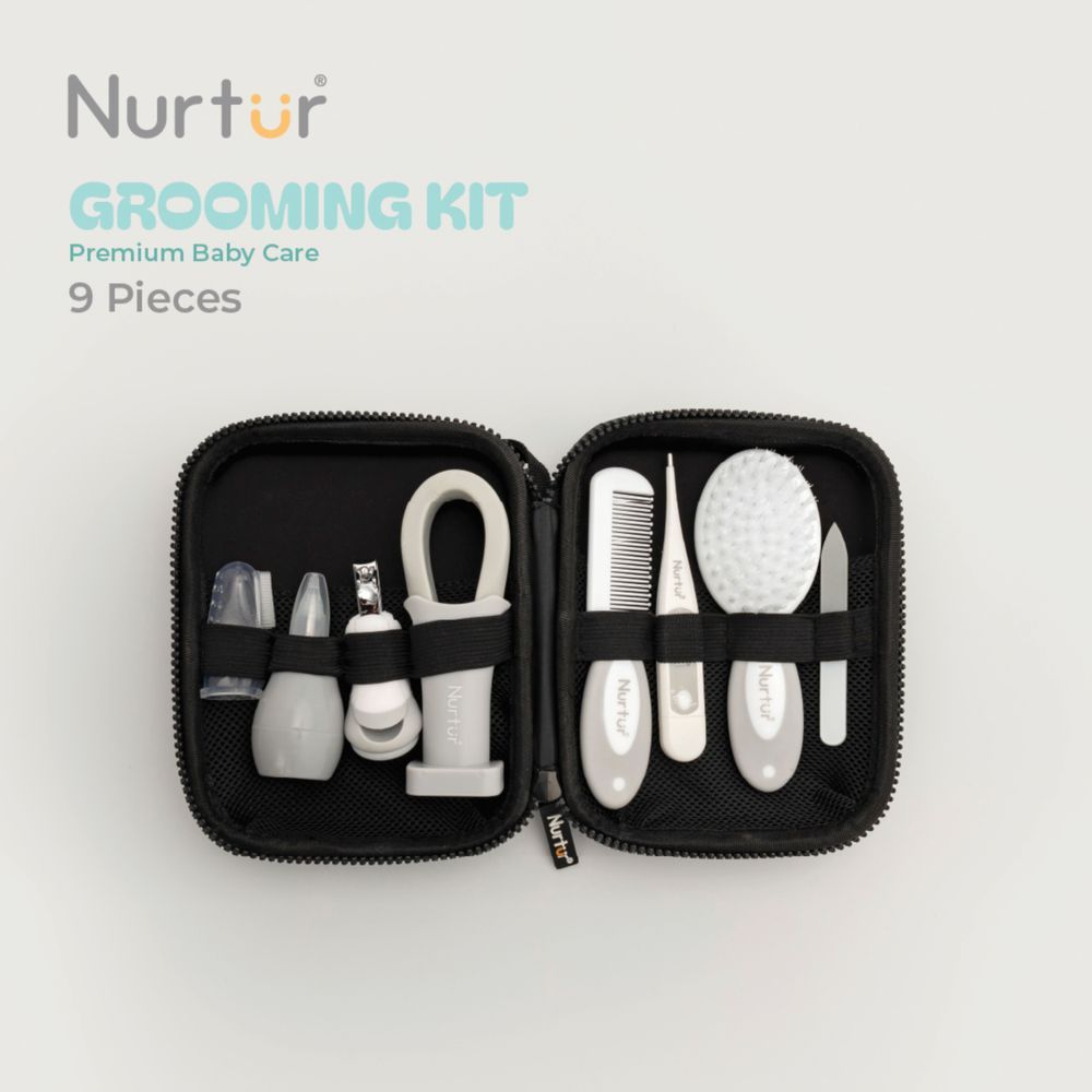 Nurtur 9-in-1 Baby Grooming Kit – Travel Pouch with Nail File, Brush & Comb, Digital Thermometer, Easy-Grip Scissors, Baby Toothbrush, Nail Clipper with Magnifier, Nasal Aspirator – Newborn Essentials