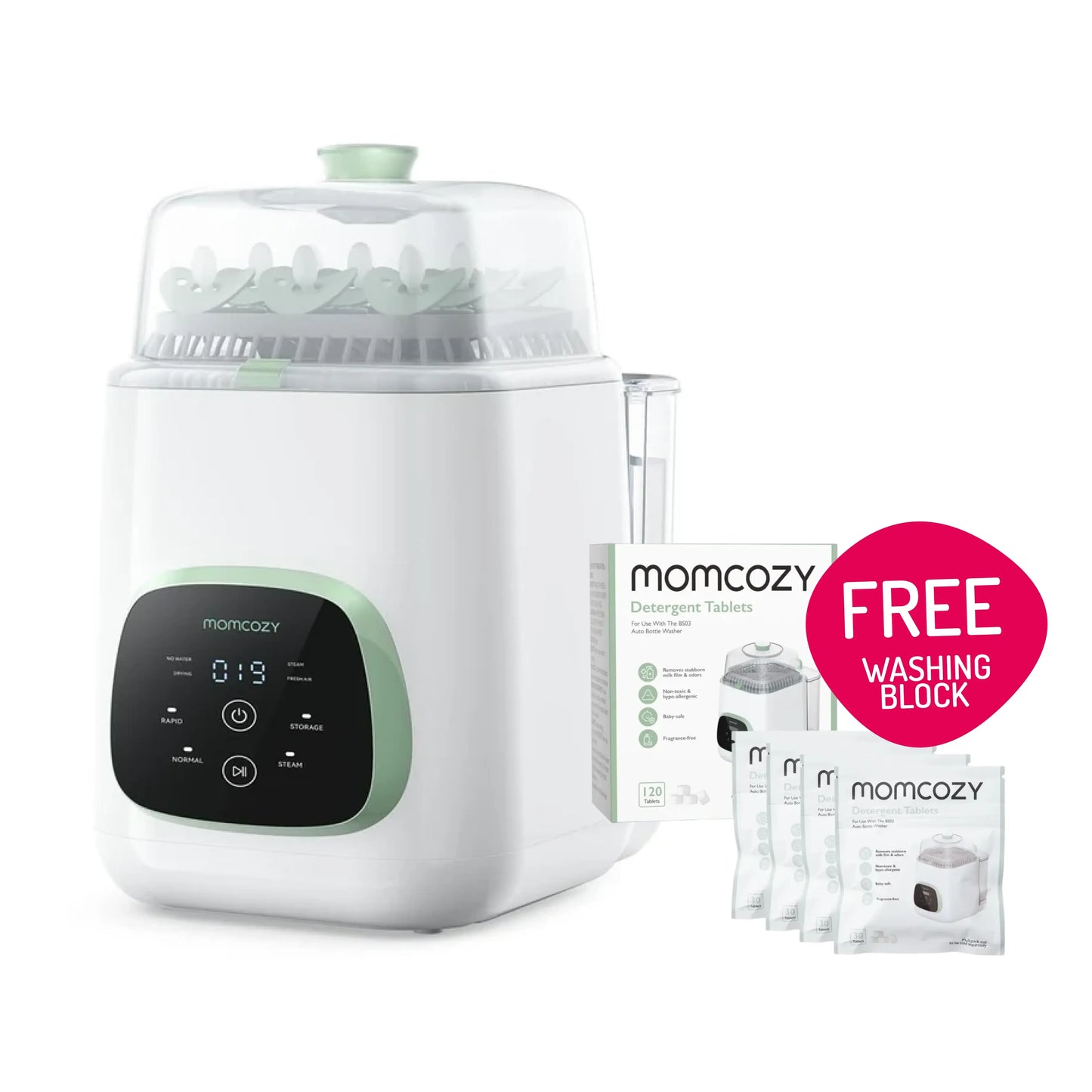 Momcozy KleanPal Pro Baby Bottle Washer + Free Washing Blocks 120 Pack