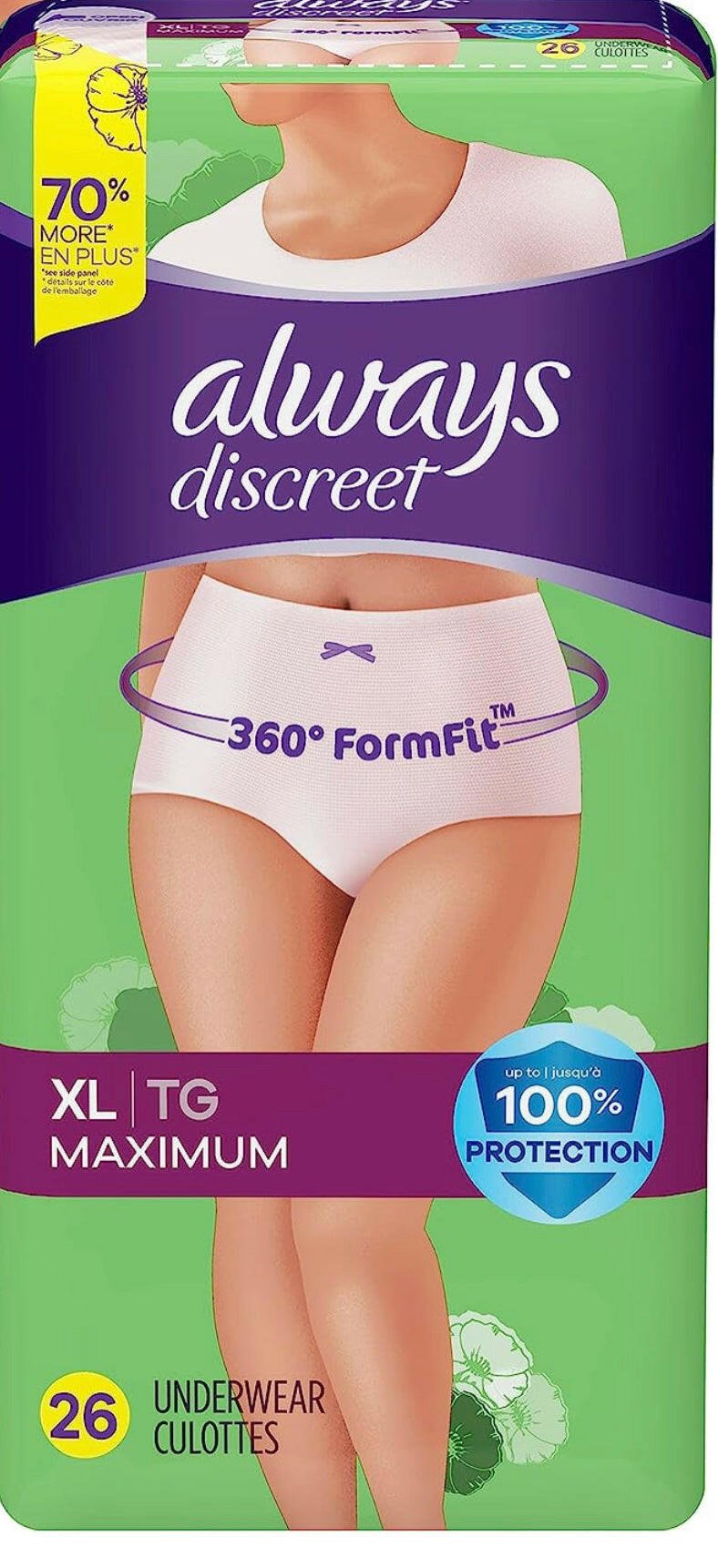 Always Discreet Adult Incontinence & Postpartum Incontinence Underwear for Women, X-Large, Maximum Protection, Disposable 26 Count.
