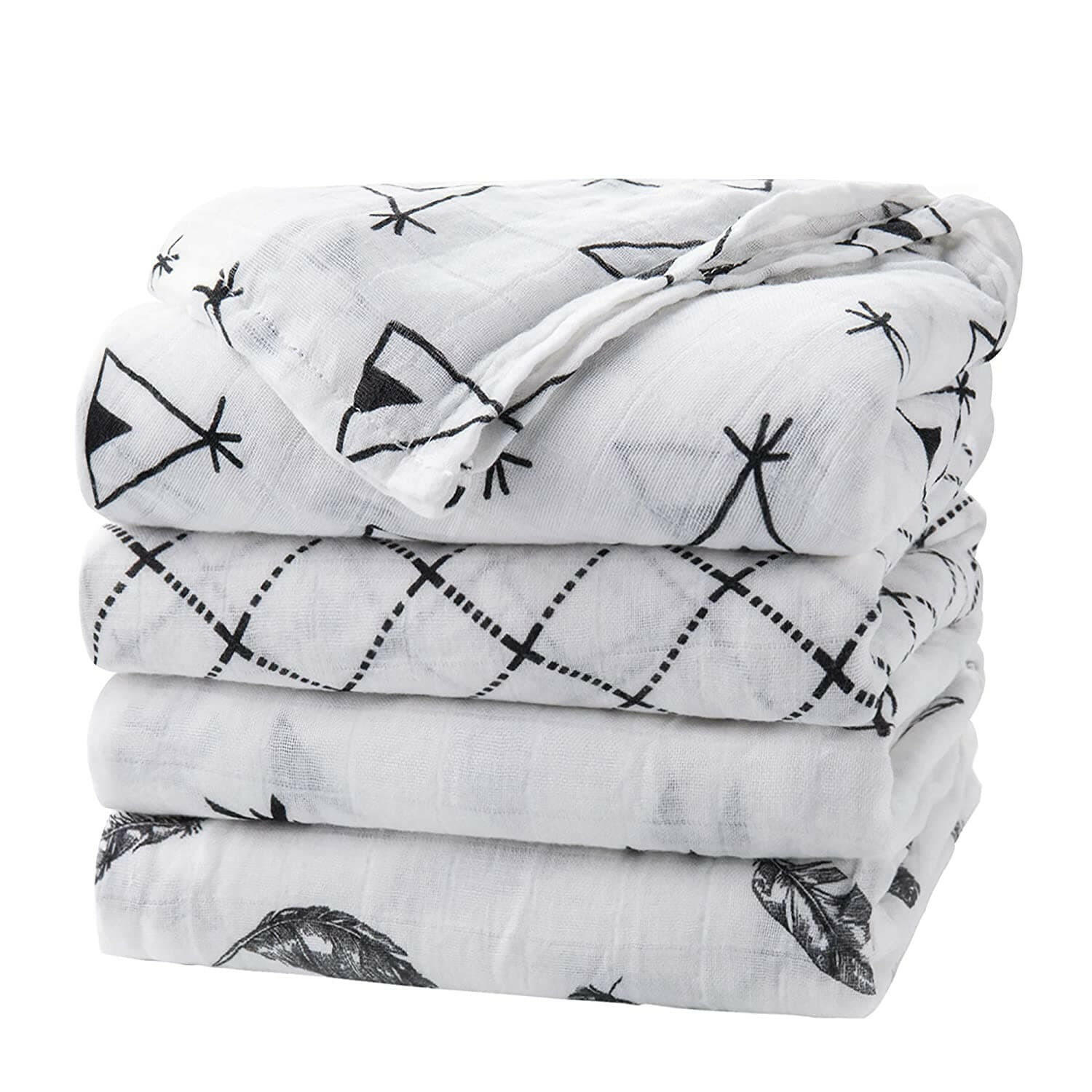 Bamboo Muslin Swaddle Blankets for Boys and Girls, Large 116 x 114 cm, Set of 4.