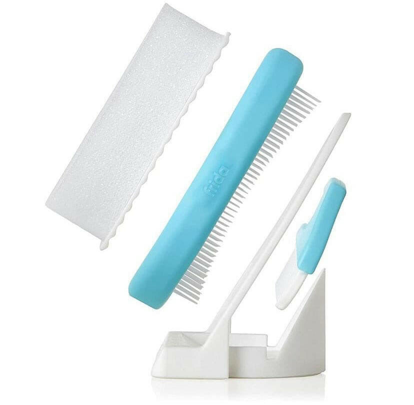 The 3-Step Cradle Cap System by Fridababy Sponge, Brush, Comb and Storage Stand for Babies with Cradle Cap.