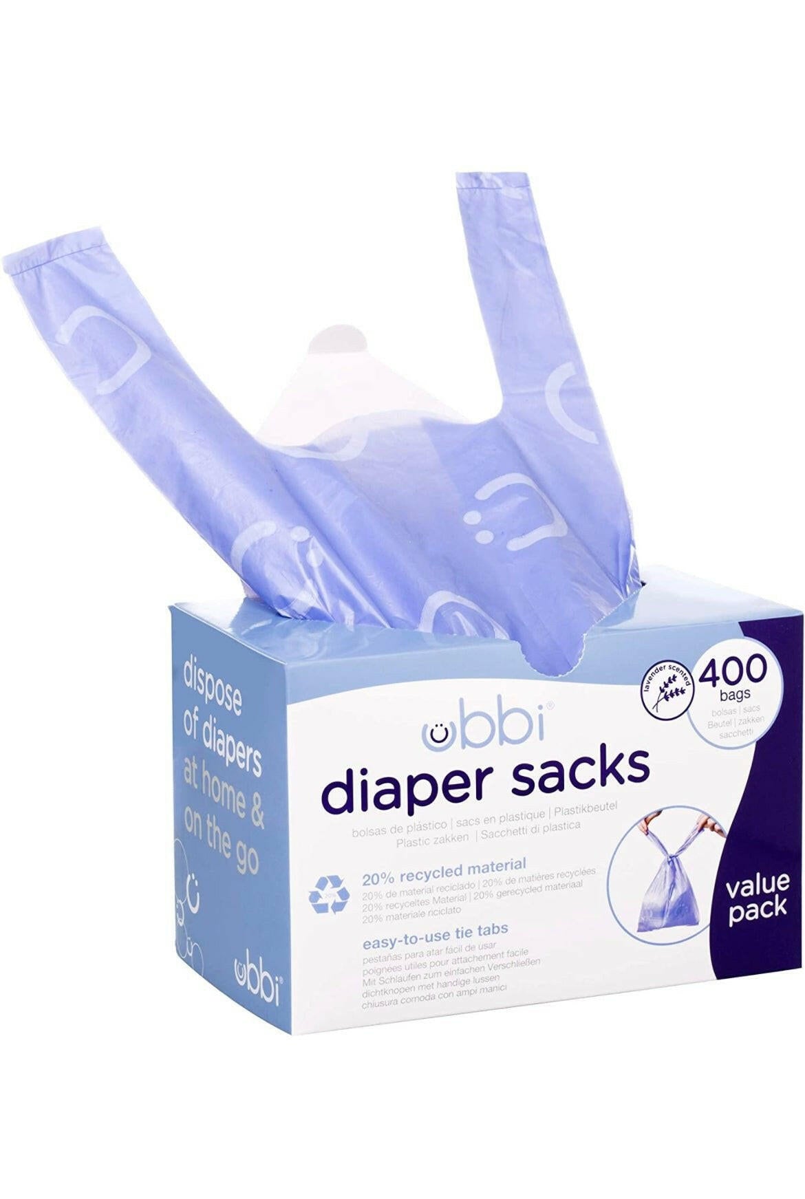 Ubbi Disposable Diaper Sacks, Lavender Scented, Easy-To-Tie Tabs, Made with Recycled Material, Diaper Disposal or Pet Waste Bags, 400 count.