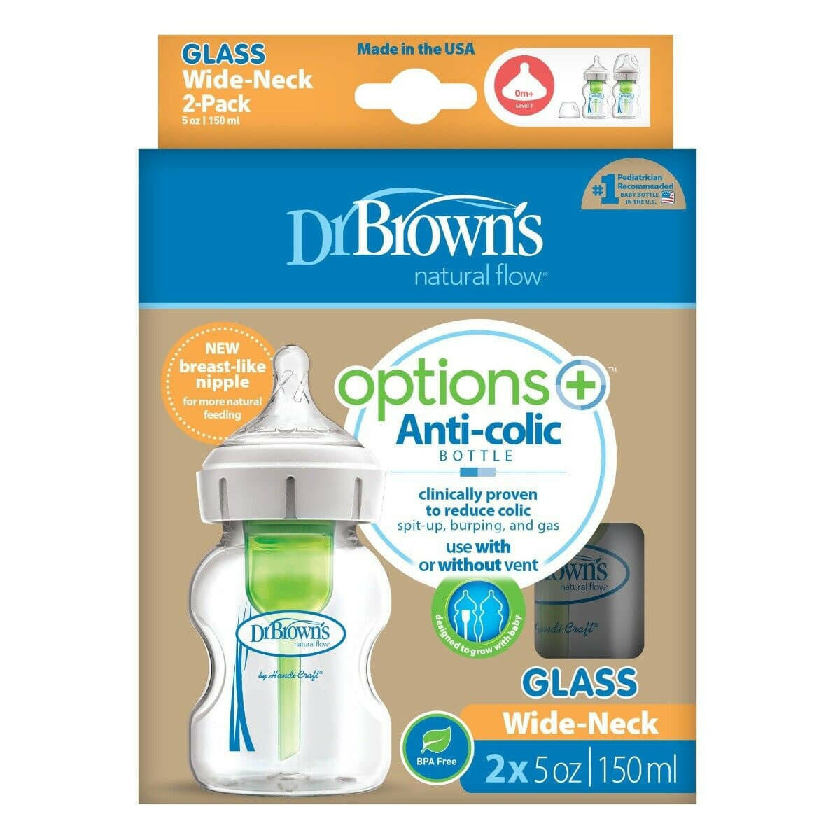 Glass Wide-Neck Baby Bottle 2 piece, Dr Browns 150ml.