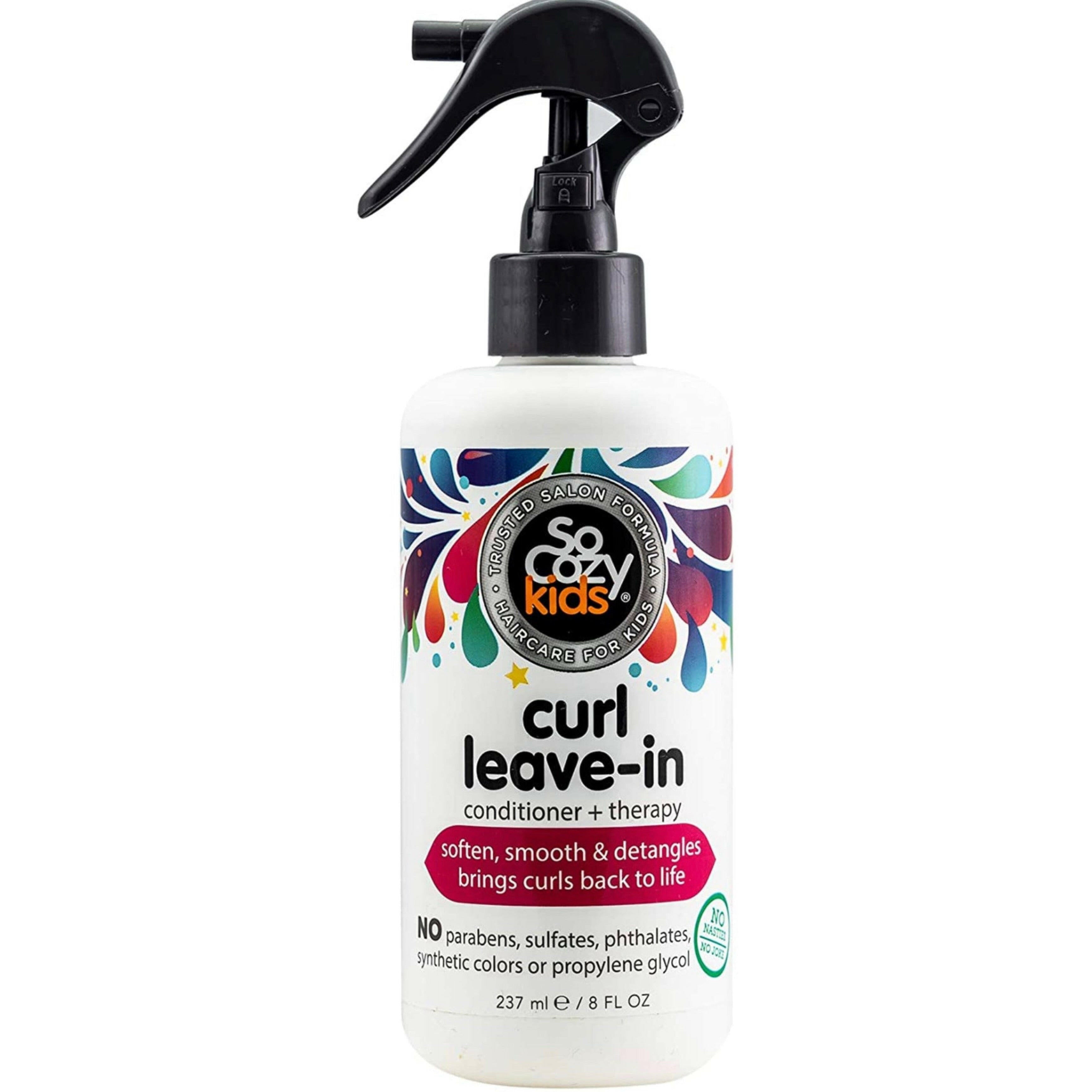SoCozy, Curl Spray LeaveIn Conditioner For Kids Hair Detangles and Restores Curls No Parabens Sulfates Synthetic Colors or Dyes, Jojoba Oil,Olive Oil & Vitamin B5, Sweet-Pea, 8 Fl Oz.