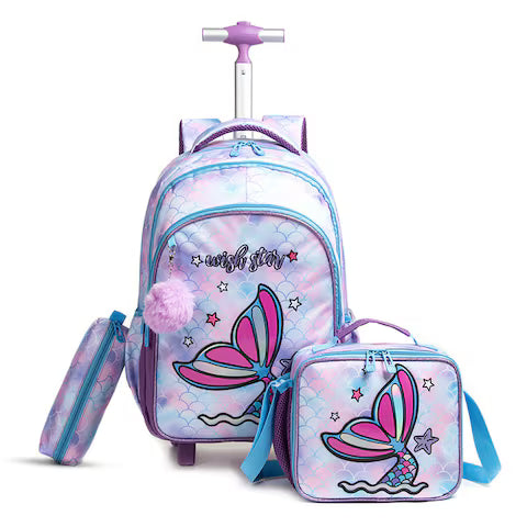 Eazy Kids Set of 3 Trolley School Bag with Lunch Bag & Pencil Case (Mermaid Purple)