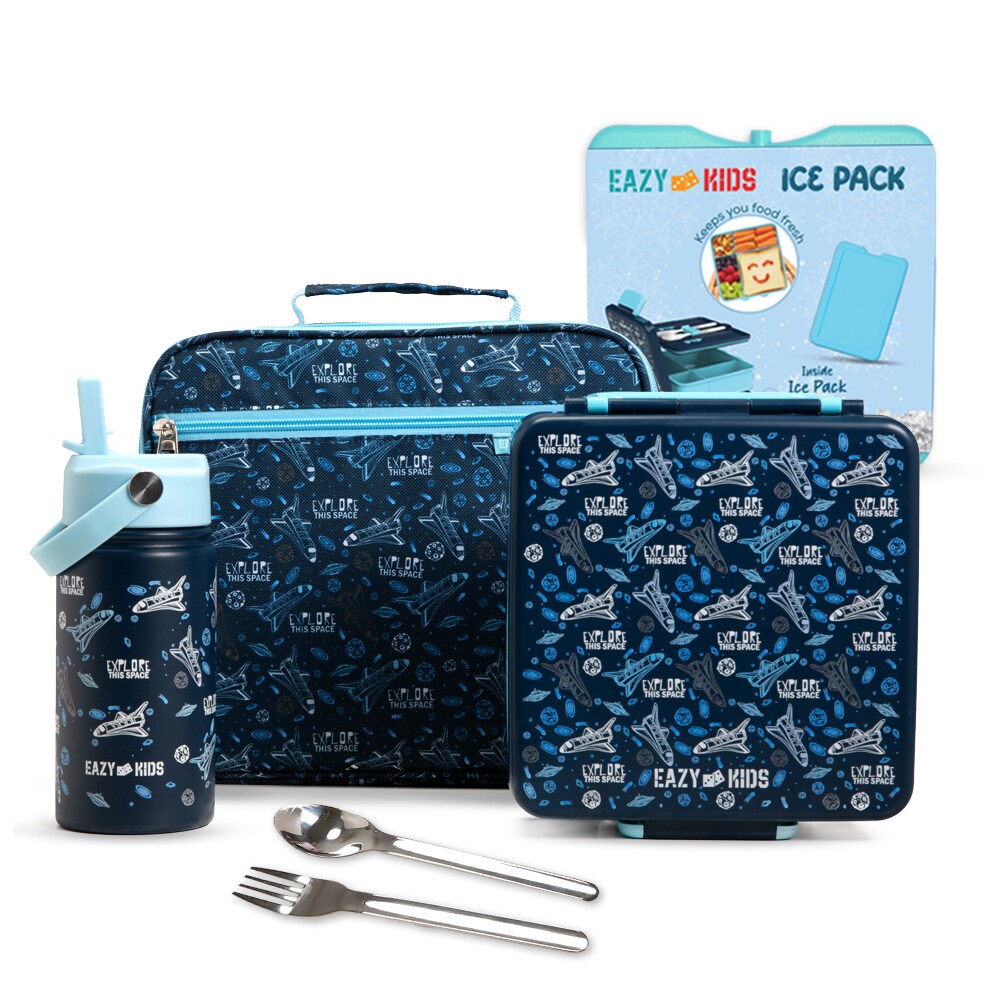 Eazy Kids Jumbo Bento Lunch Box w/ 360ml Steel Water Bottle, Spoon & Fork Set, and Insulated Lunch Bag