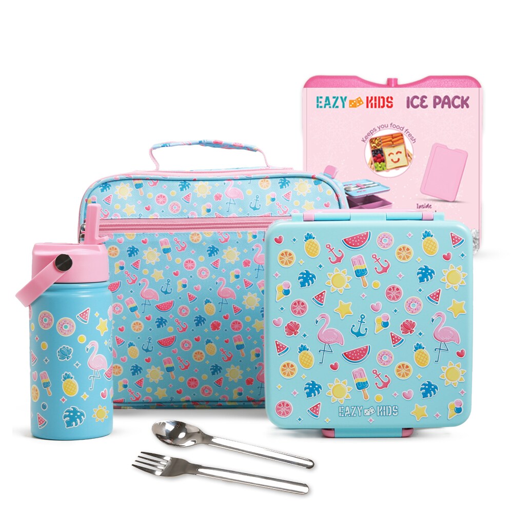 Eazy Kids Jumbo Bento Lunch Box w/ 360ml Steel Water Bottle, Spoon & Fork Set, and Insulated Lunch Bag