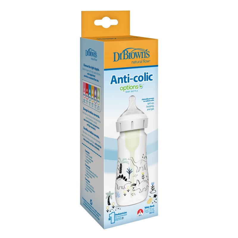 Dr. Brown's 9 oz/270 mL PP W-N Anti-Colic Options+ Designer Bottle, Multi Dinosaurs Design, 1-Pack