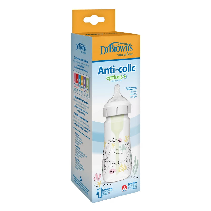 Dr. Brown's 9 oz/270 mL PP W-N Anti-Colic Options+ Designer Bottle, Ocean Whale Design, 1-Pack