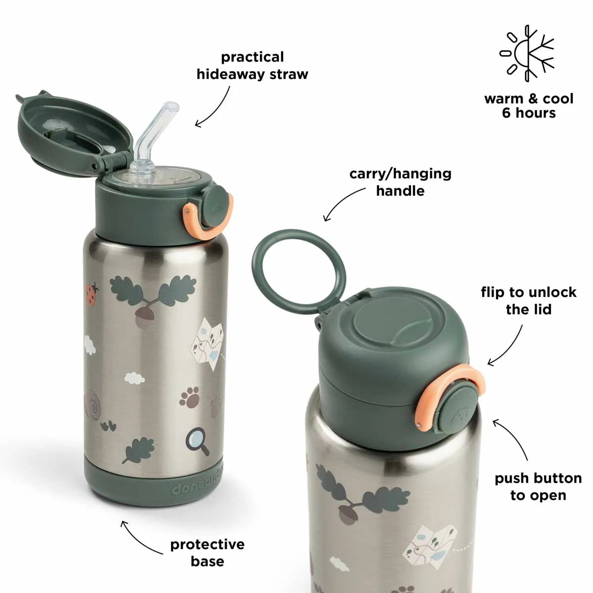 Done By Deer Insulated Straw Bottle (Tiny Trails Green, 340ml).