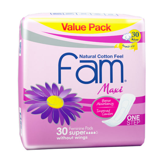 Fam Maxi One Step Natural Cotton Feel Maxi Value Pack, Super Without Wings (30pcs)