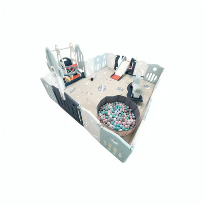Little Toddlers Playpen Set (Slide+Swing+Rocking Horse+Ball Pit+100Pcs 5.5Cm Balls+Mat+Basketball Hoop)