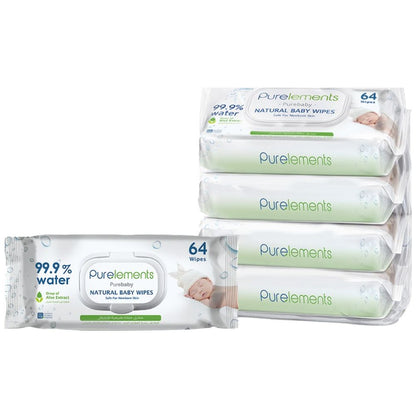 Purelements Aloe Vera 99.9% Water Wipes for Sensitive Skin Pack Of 4 (256 Wipes)