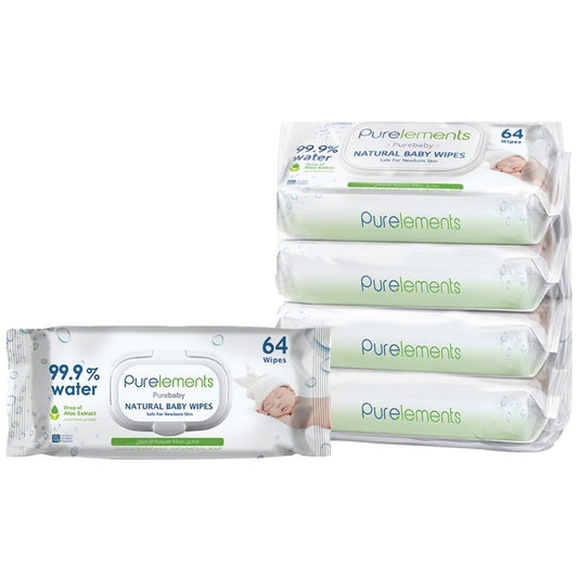 Purelements Aloe Vera 99.9% Water Wipes for Sensitive Skin Pack Of 4 (256 Wipes)