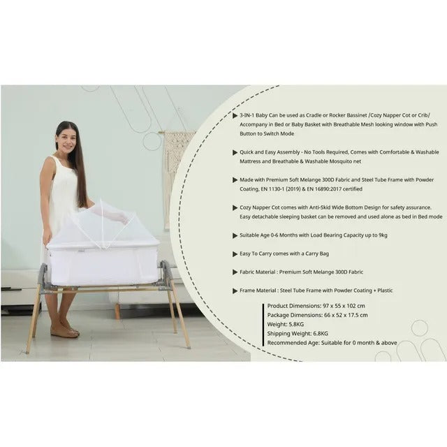 Teknum 3-in-1 Baby Cradle Bassinet With Mosquito Net – White.