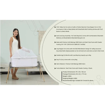 Teknum 3-in-1 Baby Cradle Bassinet With Mosquito Net – White.