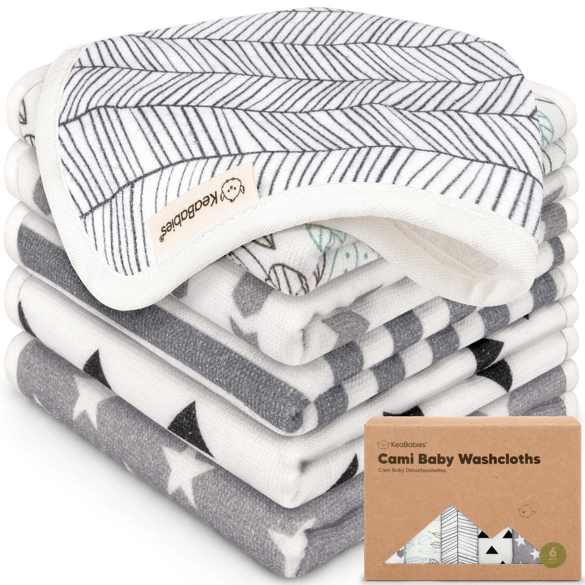 Keababies Cami Baby Washcloths (Grayscape, 10x10) - Pack of 6