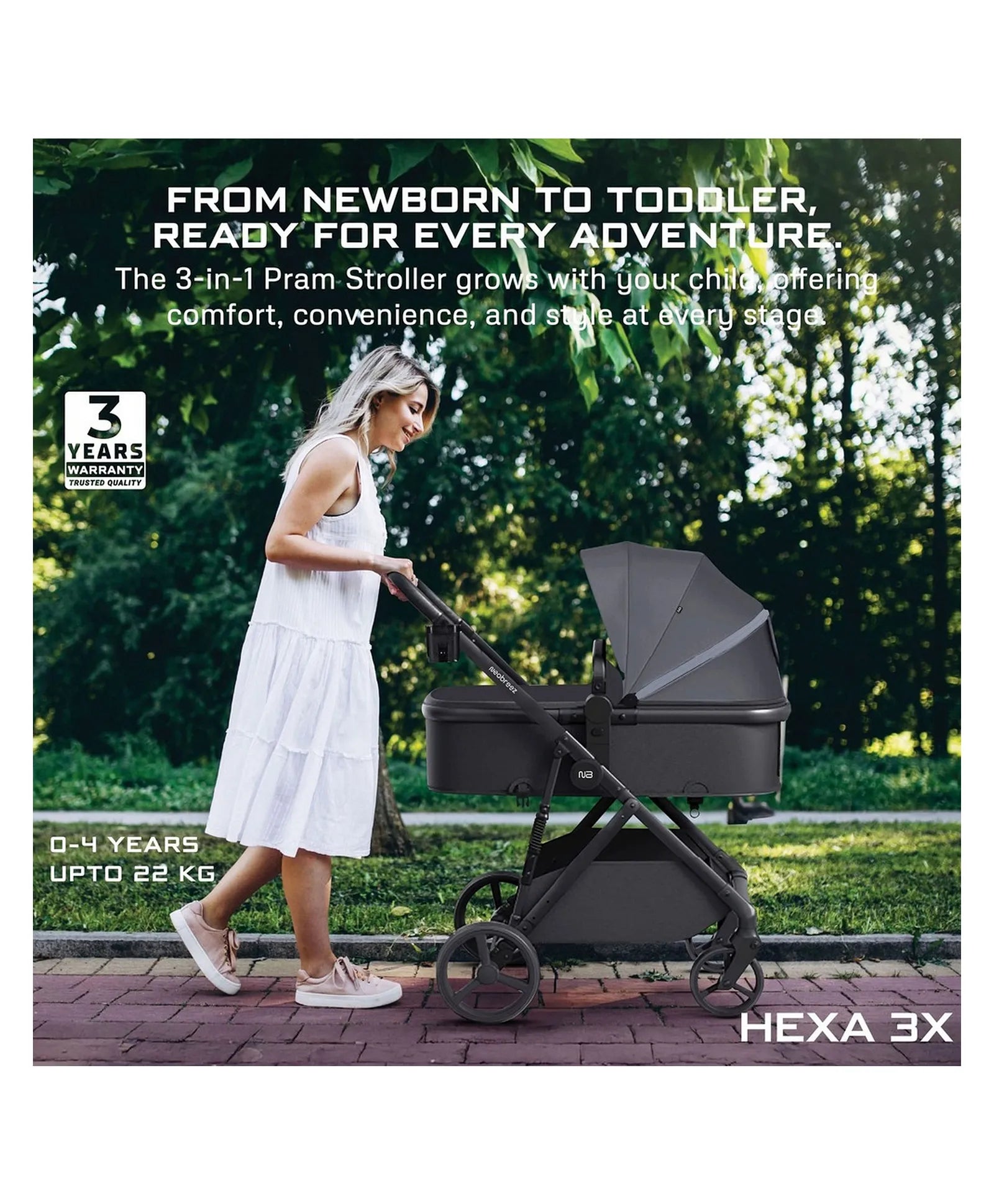 Neobreez Hexa 3X 3-In-1 Travel System Pram Stroller & Baby Car Seat