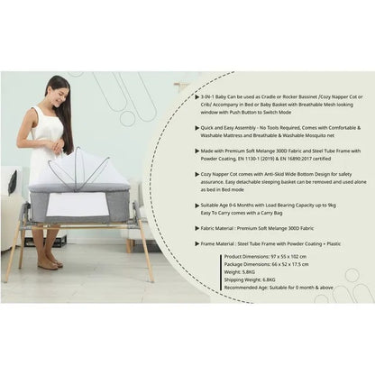 Teknum 3-in-1 Baby Rocker Bassinet With Mosquito Net – Grey