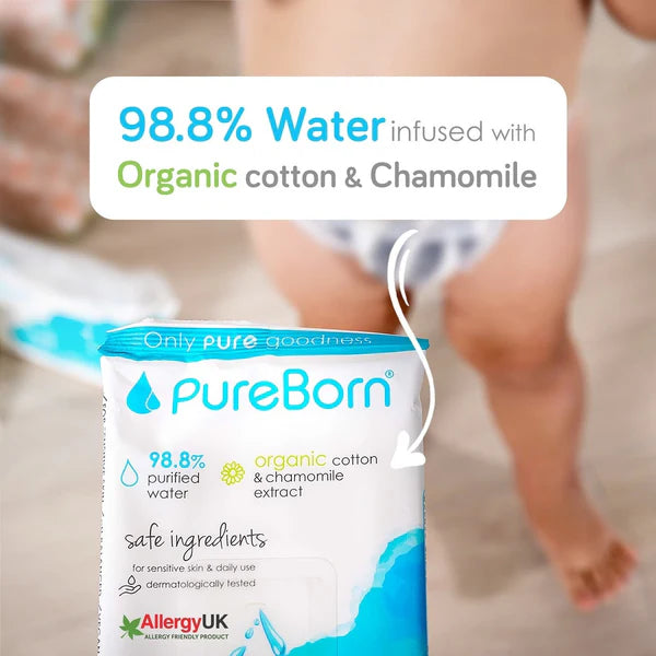 مناديل السفر المبللة بالبابونج من PureBorn، 8x10 قطع