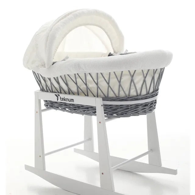 Teknum Wicker Moses Basket With Waffle Beddings & Stand – Grey