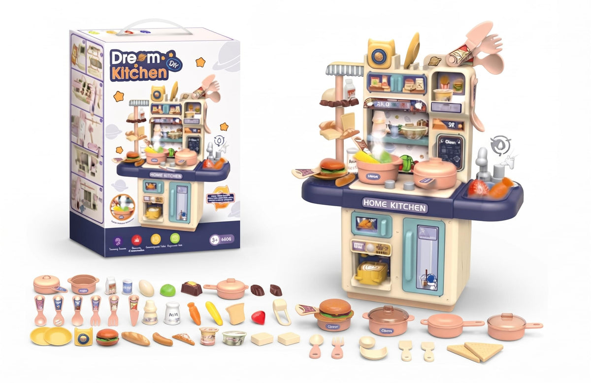 Dream Kitchen DIY - Mini Dream Kitchen Pretend Play Set with Lights, Sounds, Steam Stove & Accessories - 63 Pcs