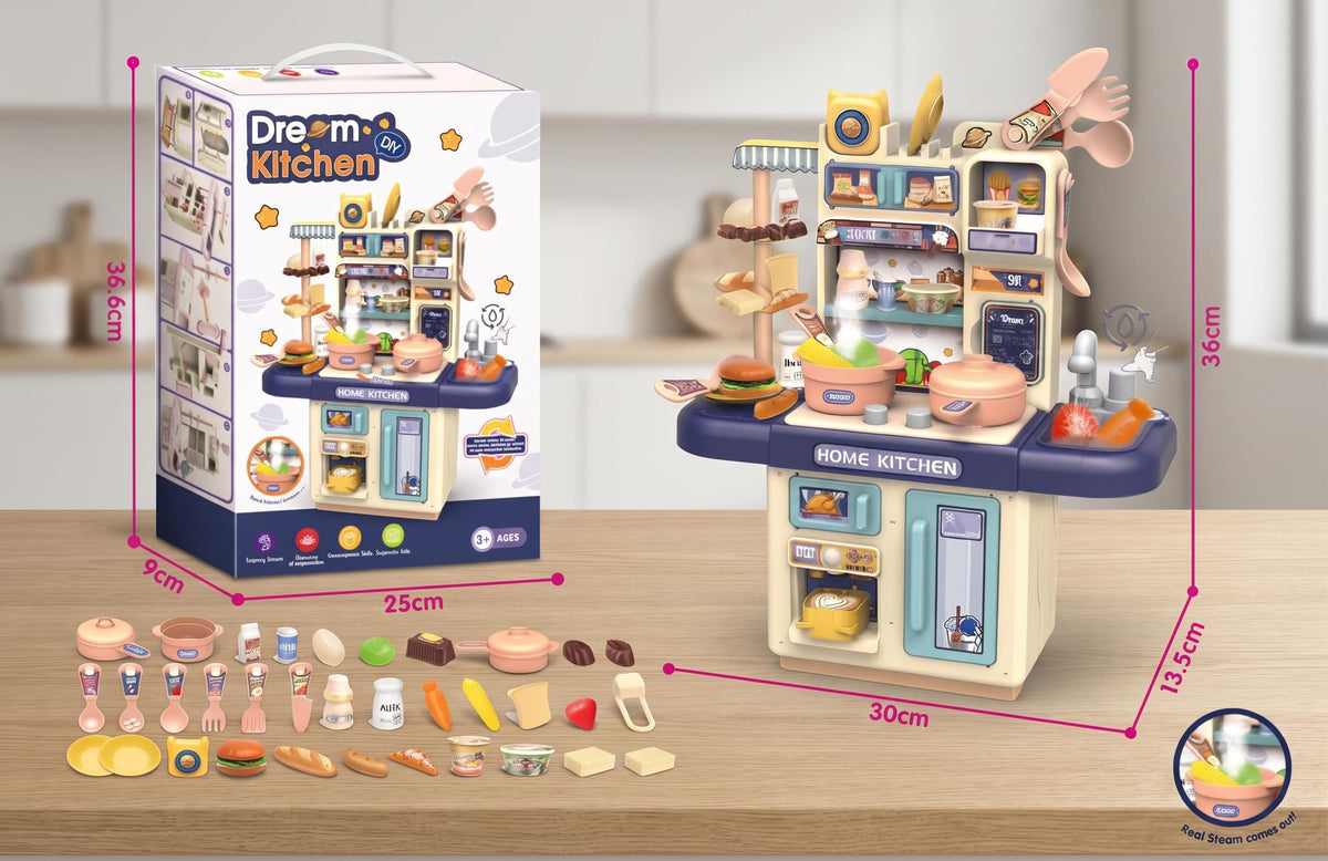 Dream Kitchen DIY - Mini Dream Kitchen Pretend Play Set with Lights, Sounds, Steam Stove & Accessories - 63 Pcs