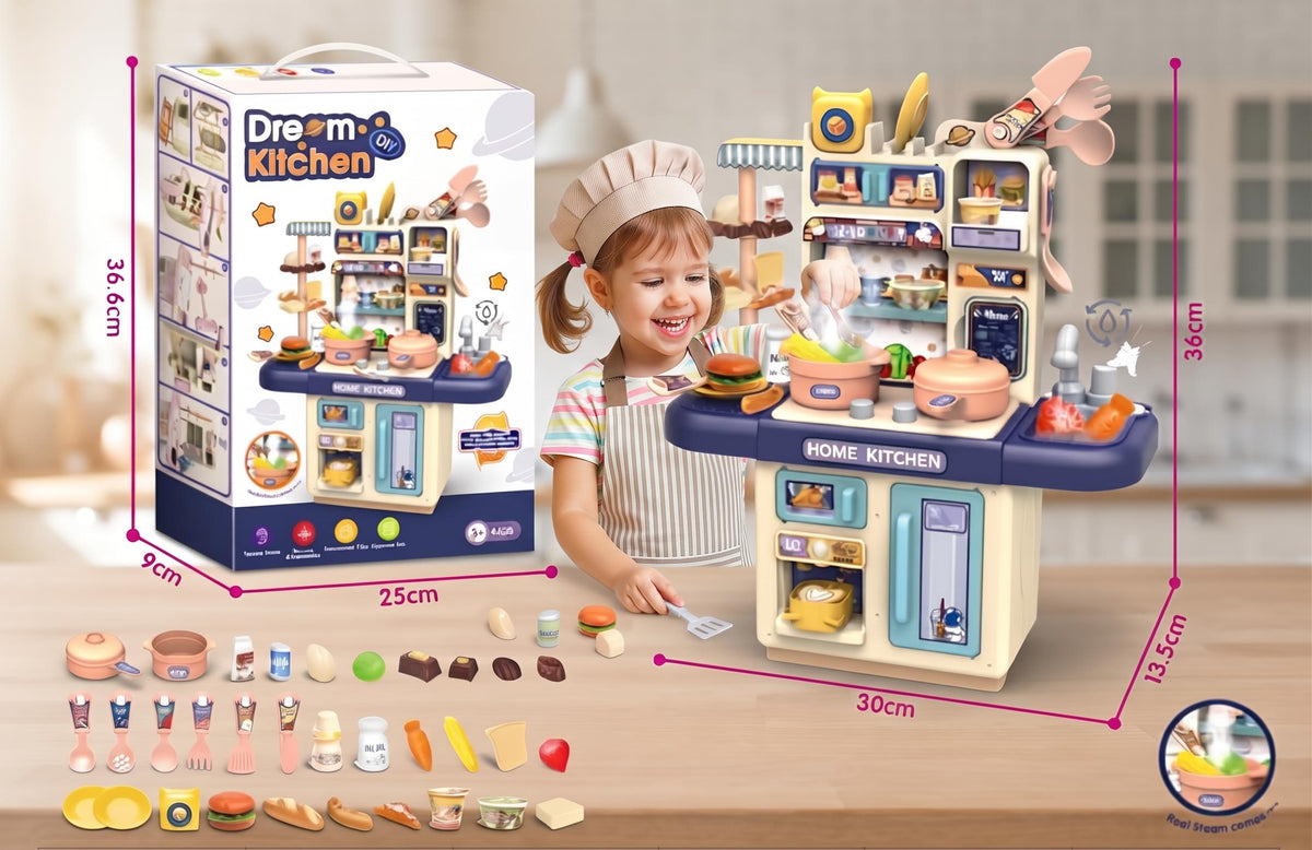 Dream Kitchen DIY - Mini Dream Kitchen Pretend Play Set with Lights, Sounds, Steam Stove & Accessories - 63 Pcs