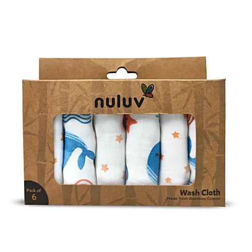 Nuluv Ultra Soft Bamboo Cotton Wash Cloth (Blue Whale) - Pack of 6