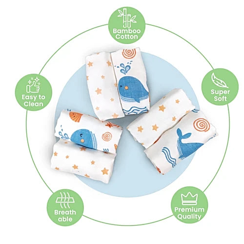 Nuluv Ultra Soft Bamboo Cotton Wash Cloth (Blue Whale) - Pack of 6