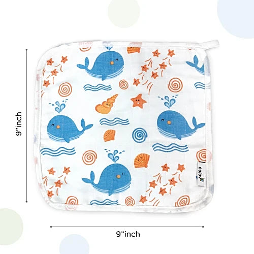 Nuluv Ultra Soft Bamboo Cotton Wash Cloth (Blue Whale) - Pack of 6